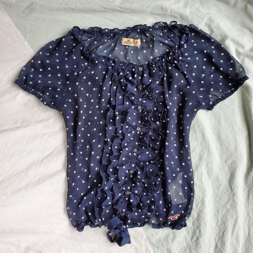 Hollister Sheer Polka-dot Ruffle Navy Blue Blouse